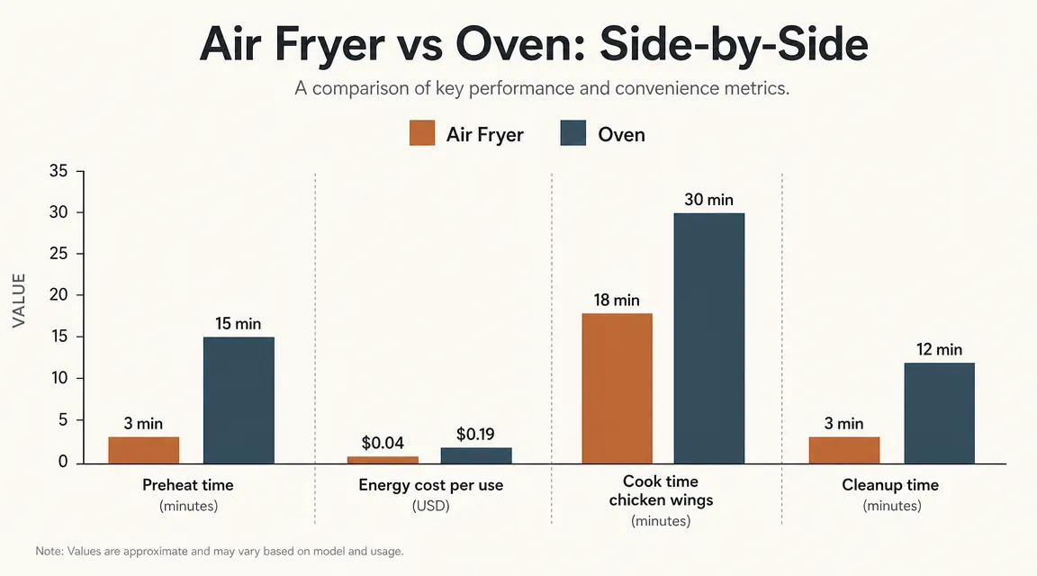 Bar chart comparing cook times in minutes for oven versus air fryer across french fries, chicken thighs, and frozen fish