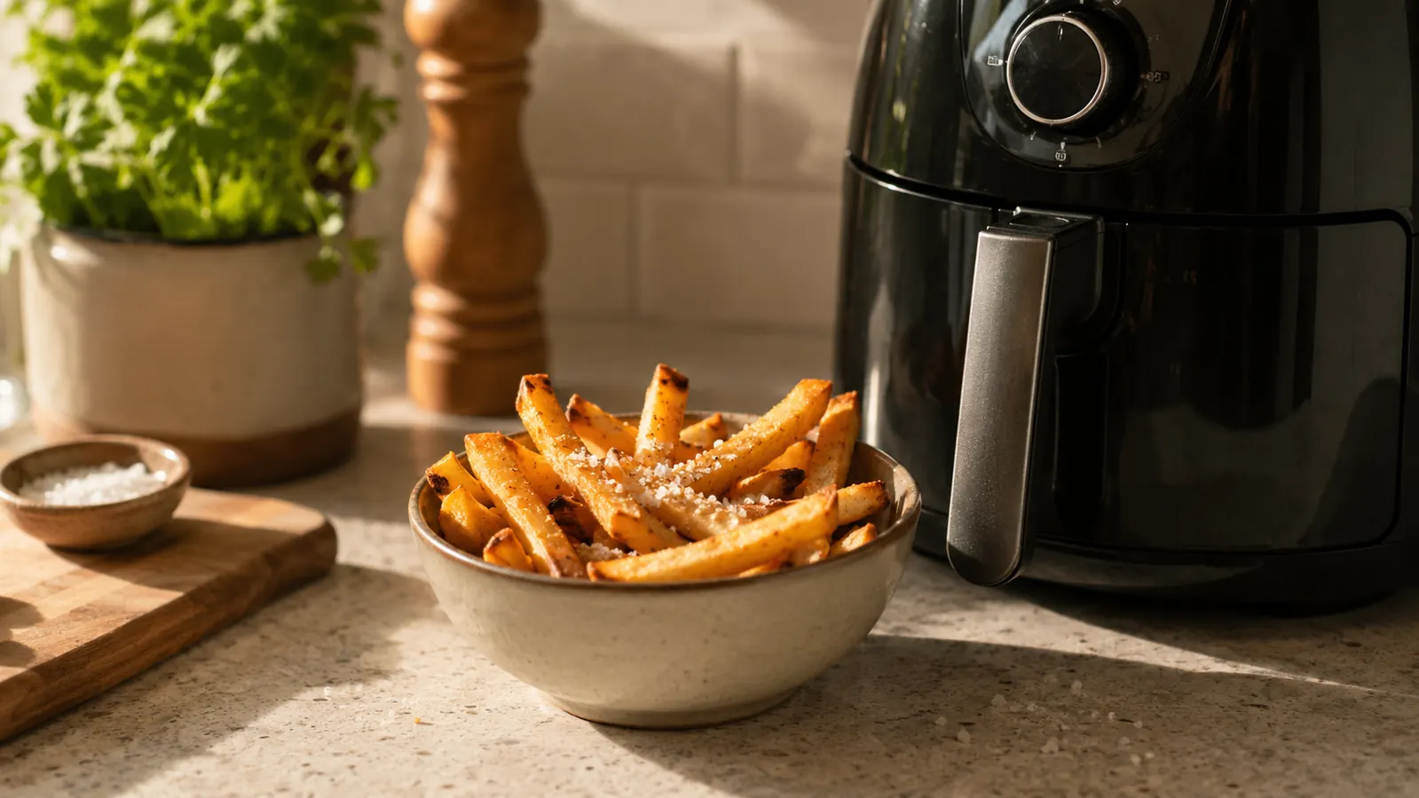 Clean air fryer basket next to a ceramic bowl of roasted broccoli just removed from the unit