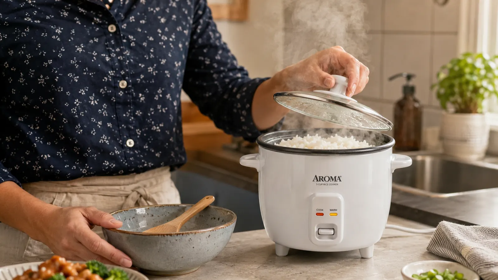 Hand lifting the lid of the Aroma rice cooker to reveal cooked rice inside