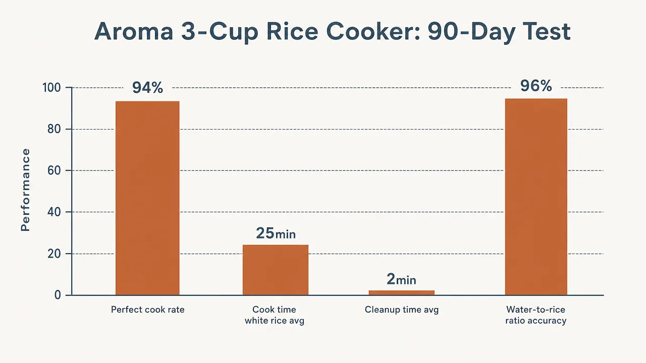 Chart showing cook times for white rice, brown rice, oatmeal, and lentils in the Aroma 3-cup rice cooker