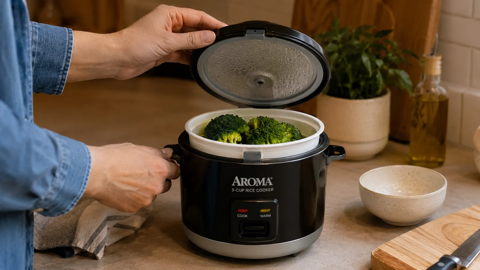 Open Aroma rice cooker with steam tray inserted, broccoli florets visible in the steaming basket