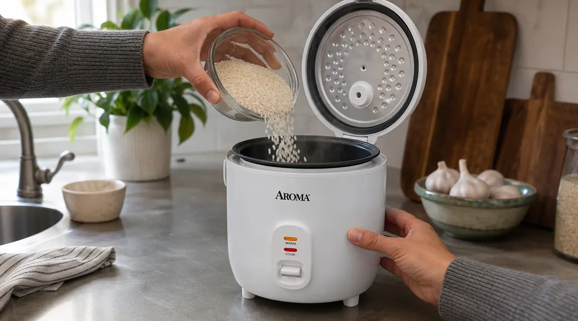 AROMA rice cooker with steam rising, inner pot visible beside a measuring cup of uncooked rice