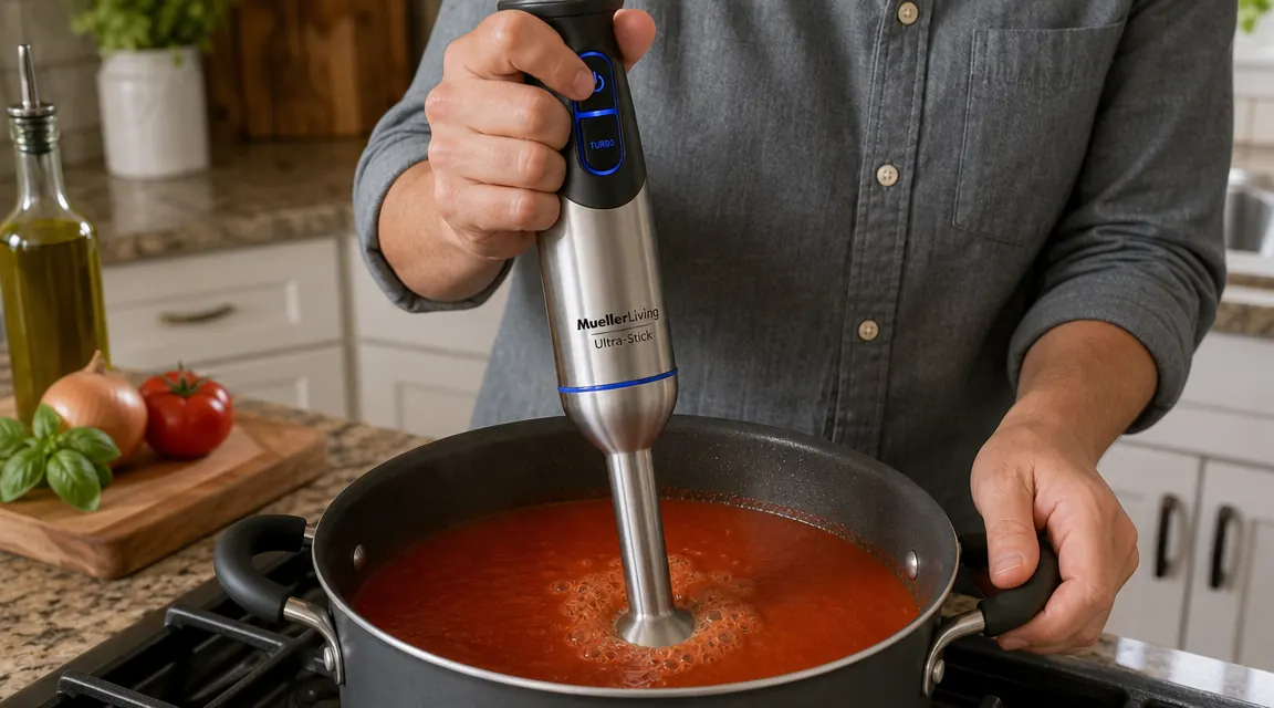 Close-up of the MuellerLiving immersion blender head submerged near the bottom of a pot of tomato soup