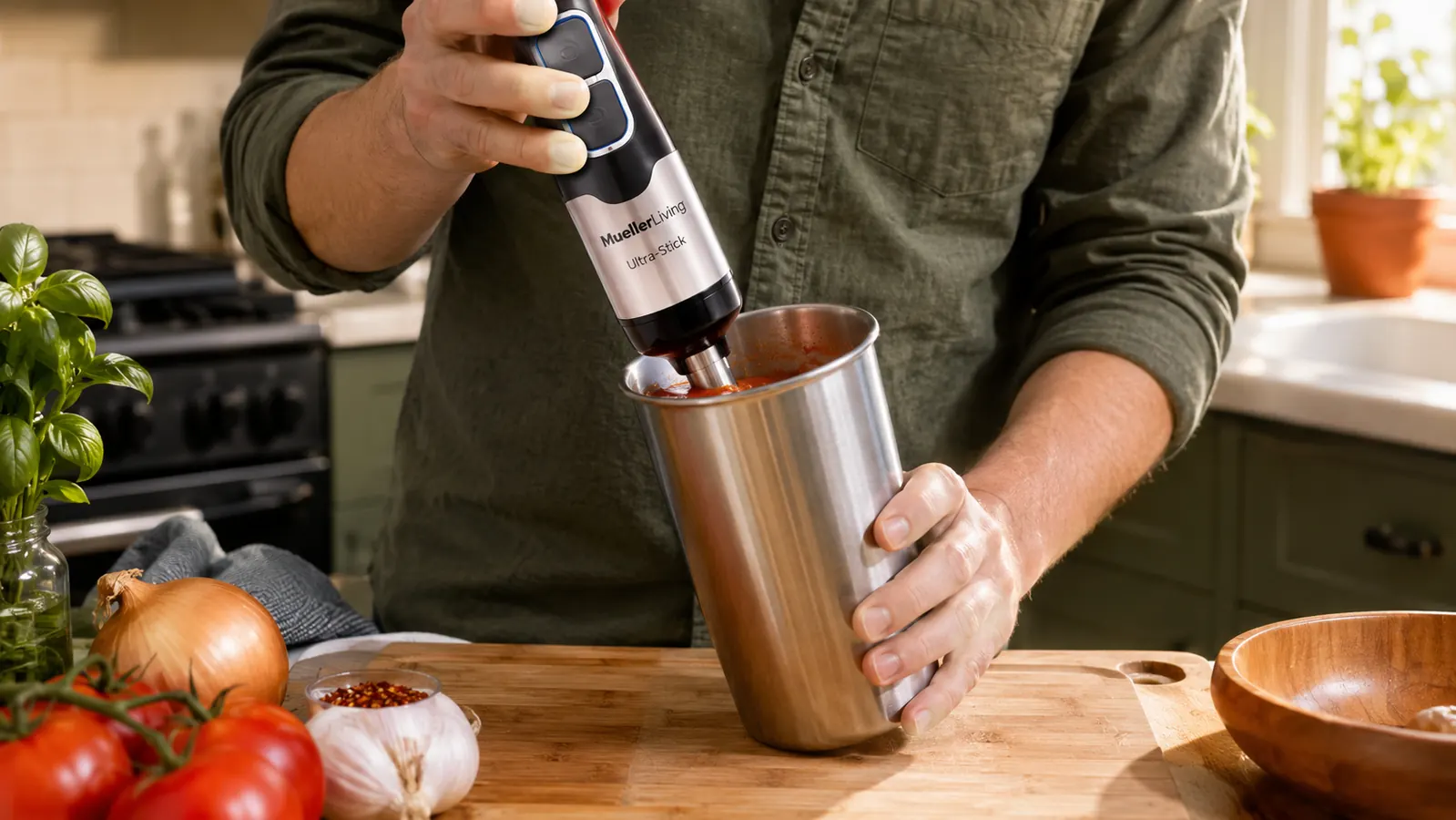 Immersion blender shaft angled into a tall narrow container of tomato sauce showing correct tilting technique