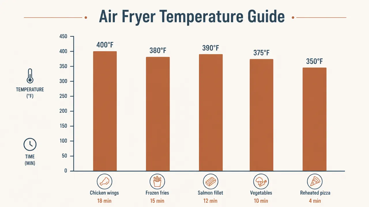 Side-by-side comparison chart showing internal temperatures and cook times for five common foods at two different air fryer temperature settings