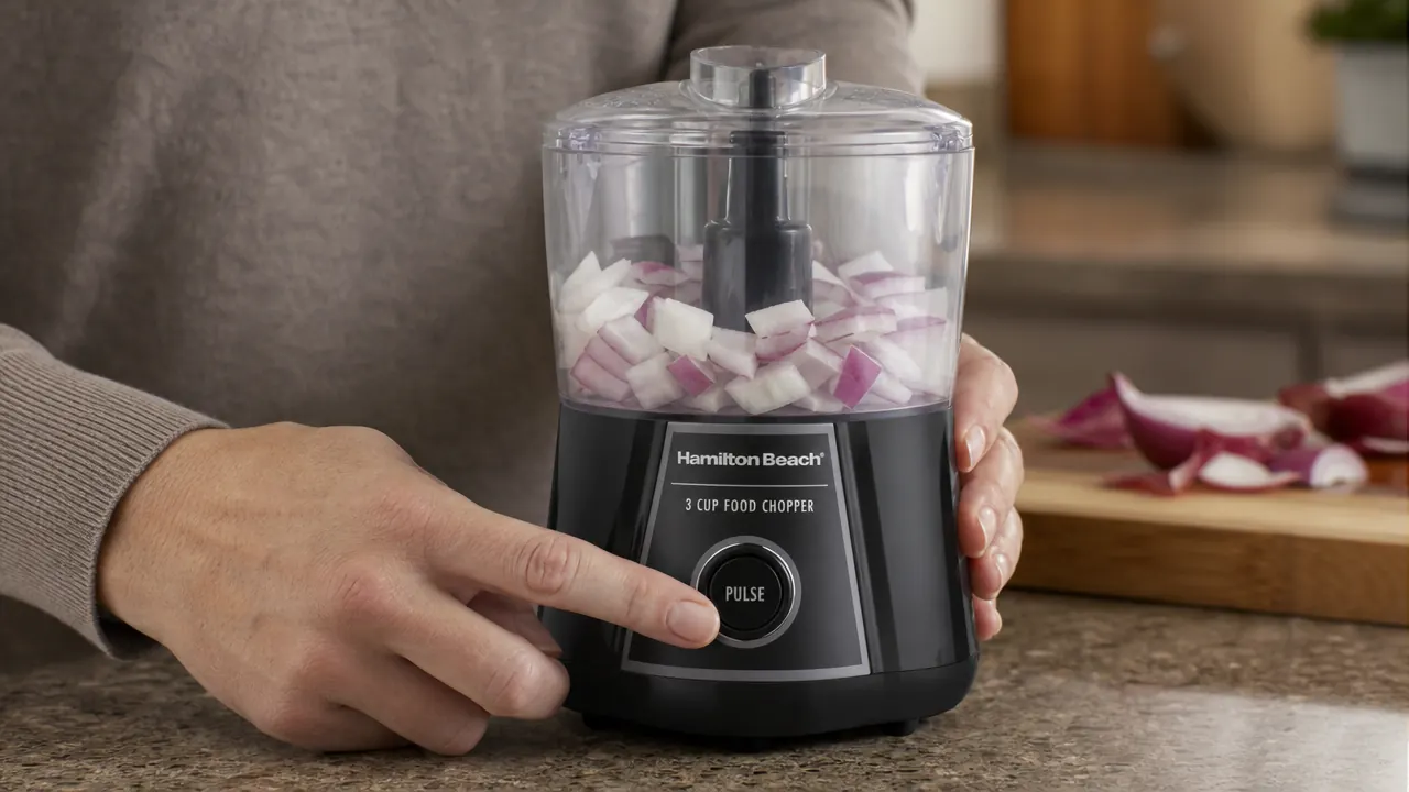 Hand pressing the pulse button on a Hamilton Beach mini food processor containing diced onion