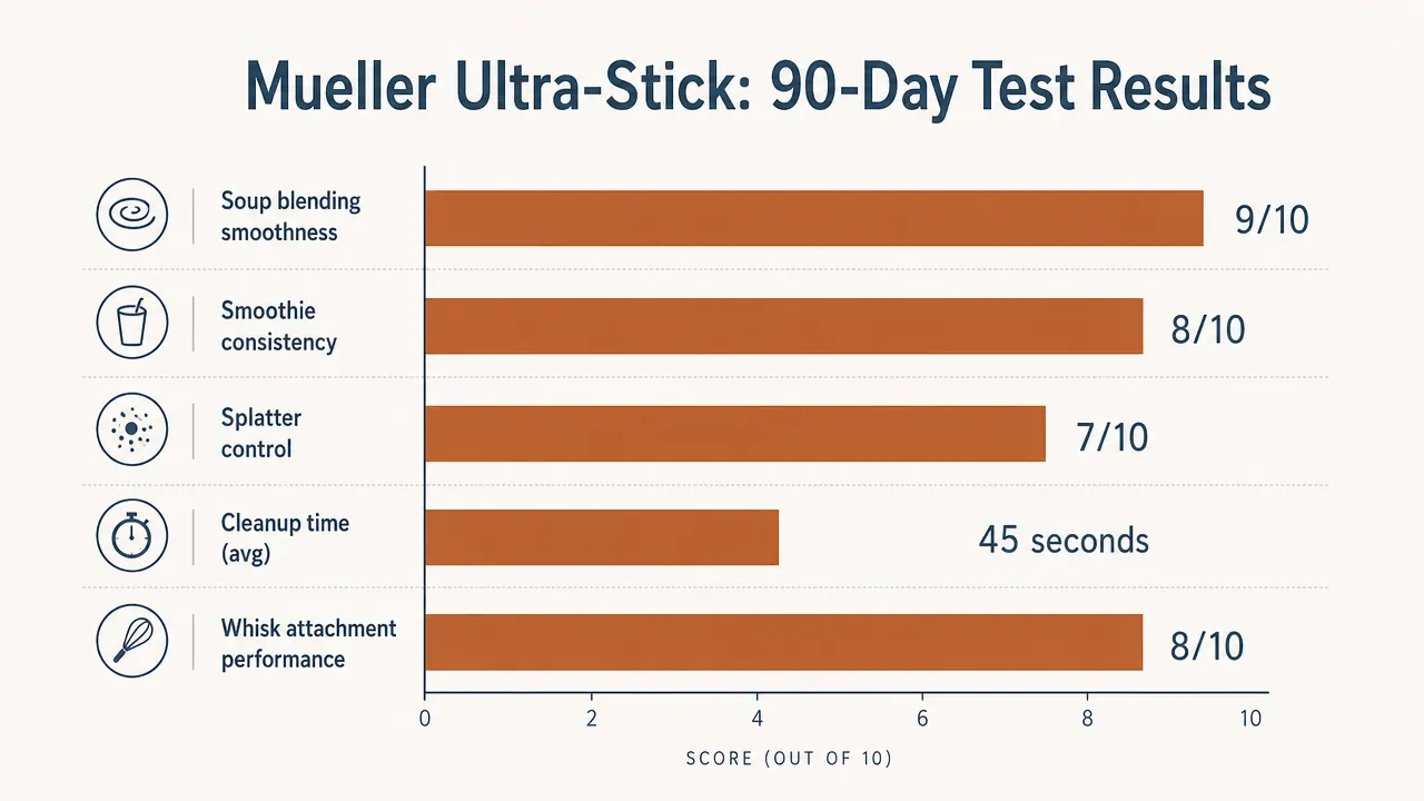 Bar chart comparing blending time in seconds across five tests: butternut squash soup, frozen banana smoothie, tomato sauce, whipped cream, hummus