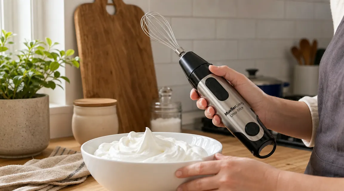 Mueller immersion blender whisk attachment resting in a small bowl of freshly whipped cream on a kitchen counter