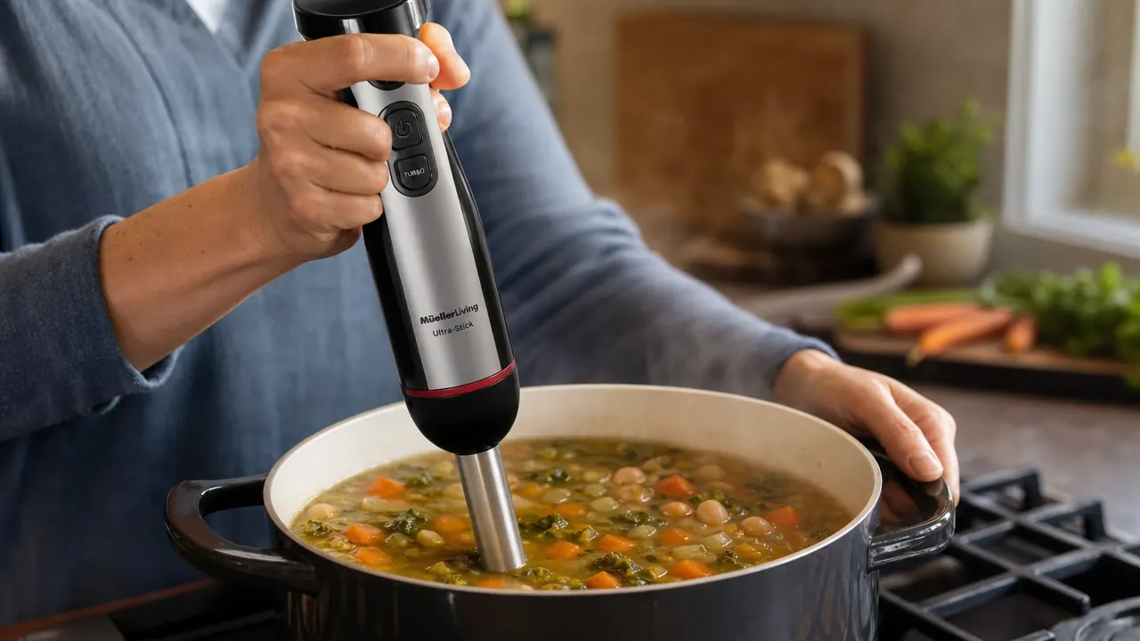 Hand gripping Mueller Ultra-Stick immersion blender and submerging it into a pot of chunky vegetable soup on a stovetop