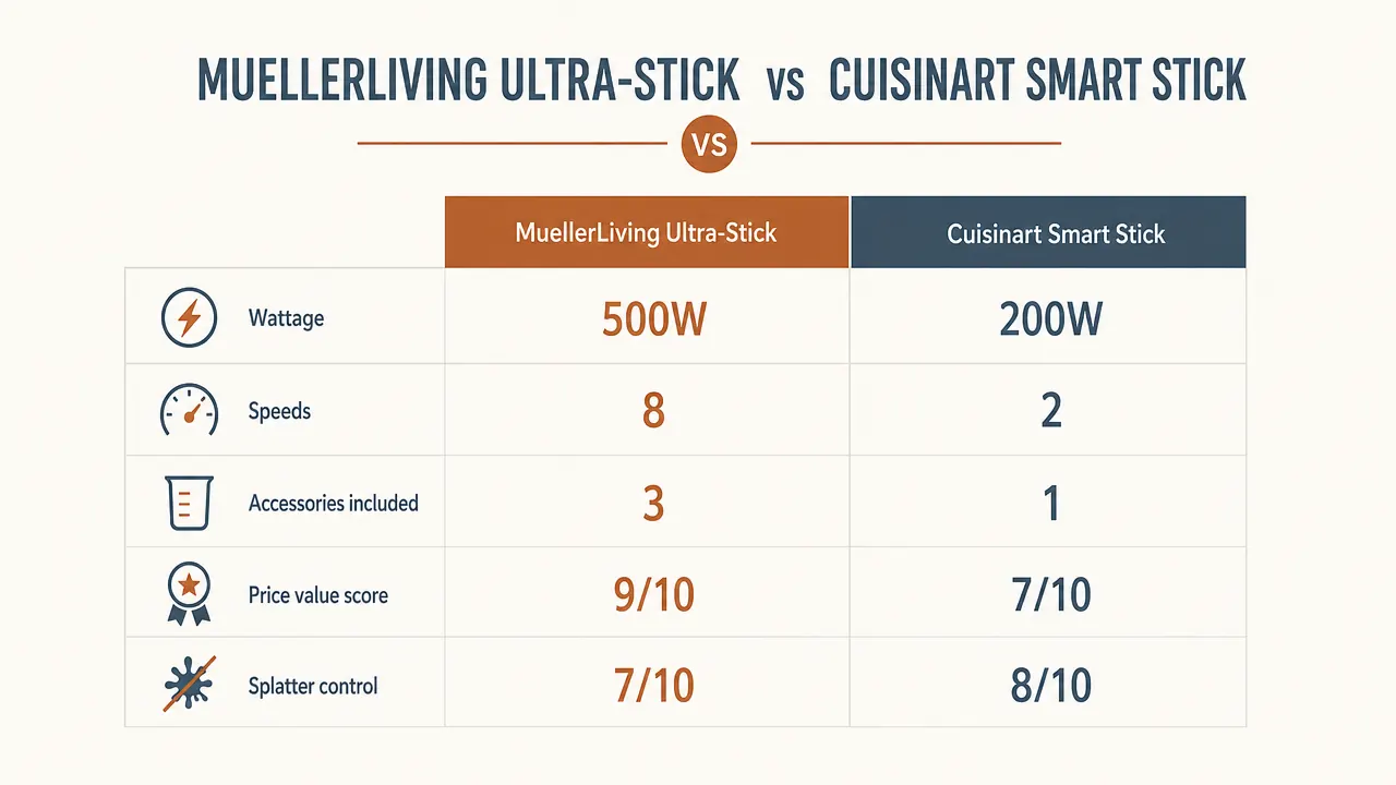 Side-by-side spec comparison chart: Mueller Ultra-Stick vs Cuisinart Smart Stick, showing motor wattage, speed settings, included accessories, weight, and cord length