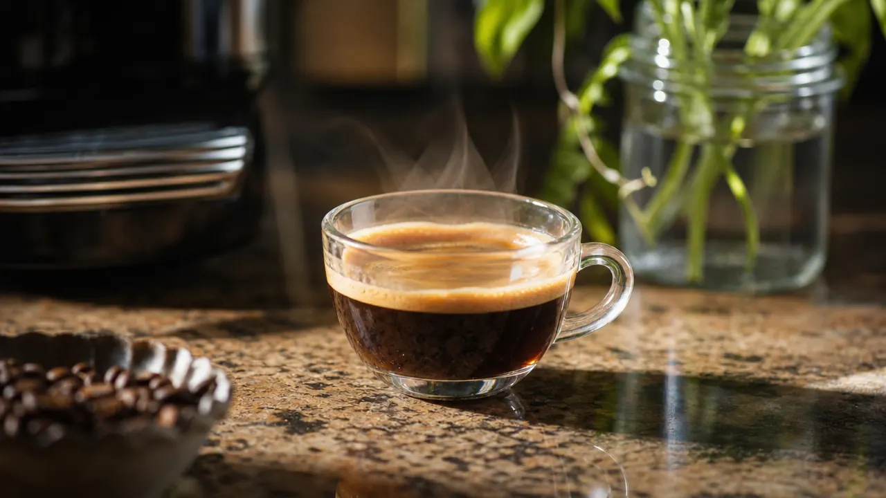 Two espresso cups side by side on a wooden cutting board, one with dense crema and one without