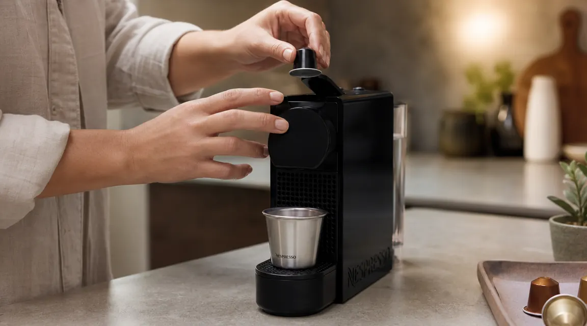 Hand placing a Nespresso capsule into the Essenza Mini pod tray, stainless espresso cup below