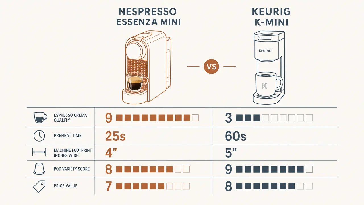 Side-by-side bar chart comparing brew pressure: Nespresso Essenza Mini at 19 bar vs Keurig K-Mini at standard drip gravity