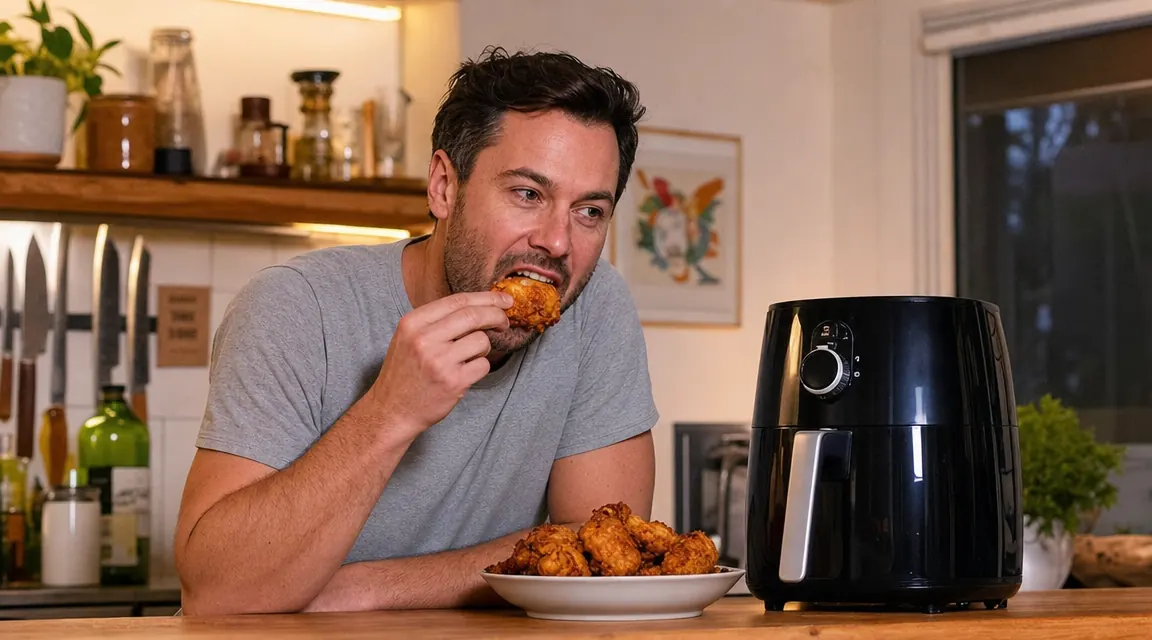 Crispy golden brussels sprouts on a plate next to the Ninja Air Fryer basket