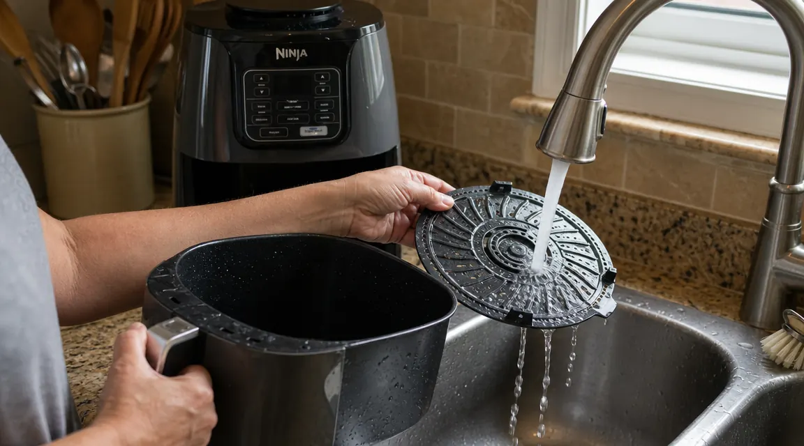 Ninja air fryer basket and drawer removed and placed next to a kitchen sink ready for cleaning